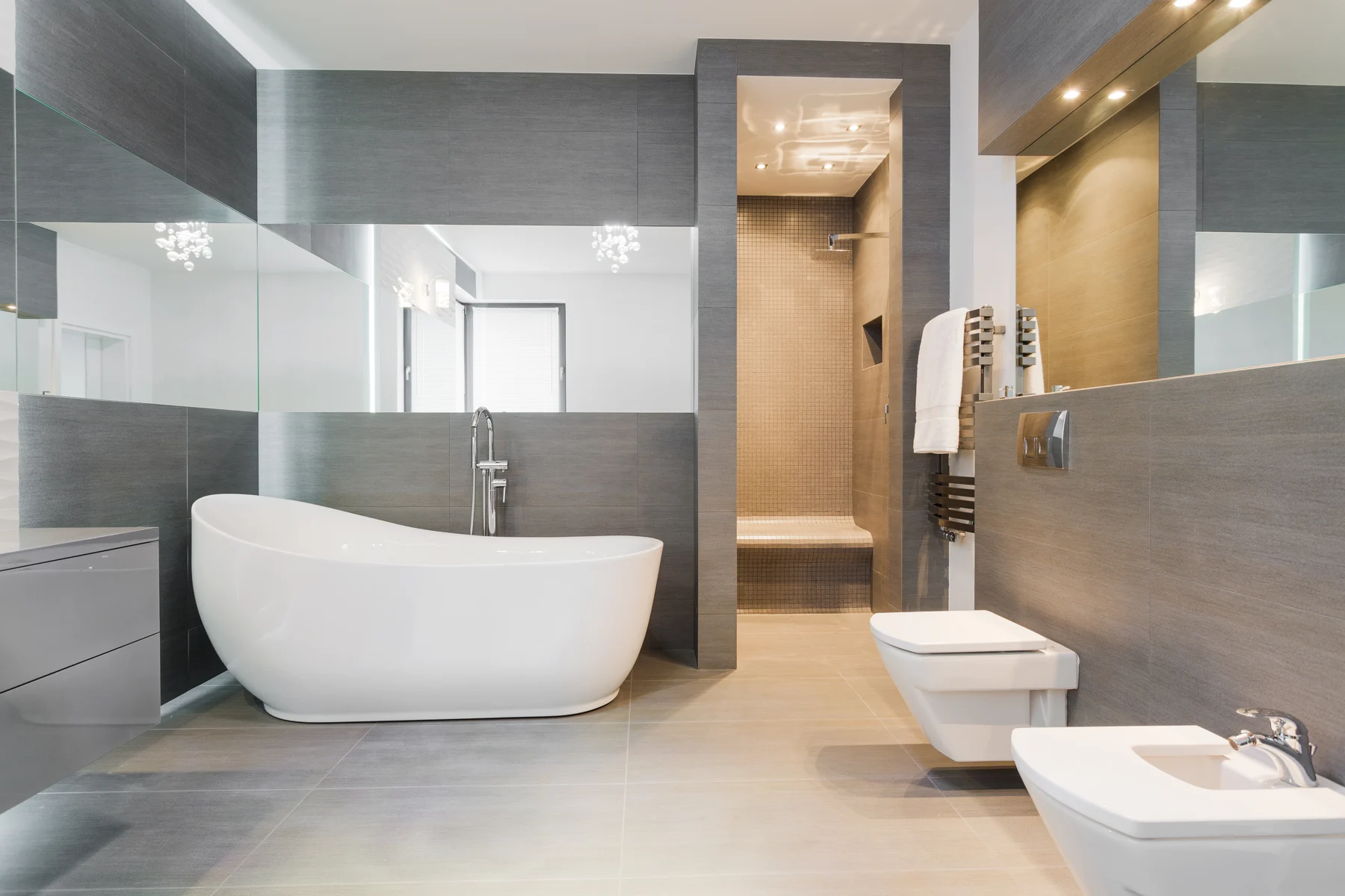 Bathroom with a freestanding bathtub and walk-in shower
